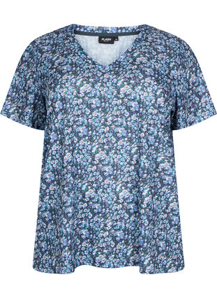 FLASH - Mønstret T-skjorte med V-hals, Blue Green Ditsy, Packshot image number 0