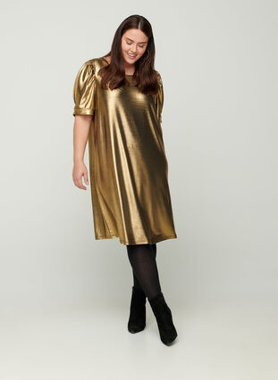 Kjole med korte puffermer og a-form, Gold, Model image number 2