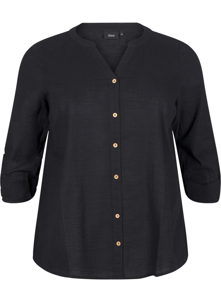 Bomullsbluse med V-hals, Svart, Packshot image number 0