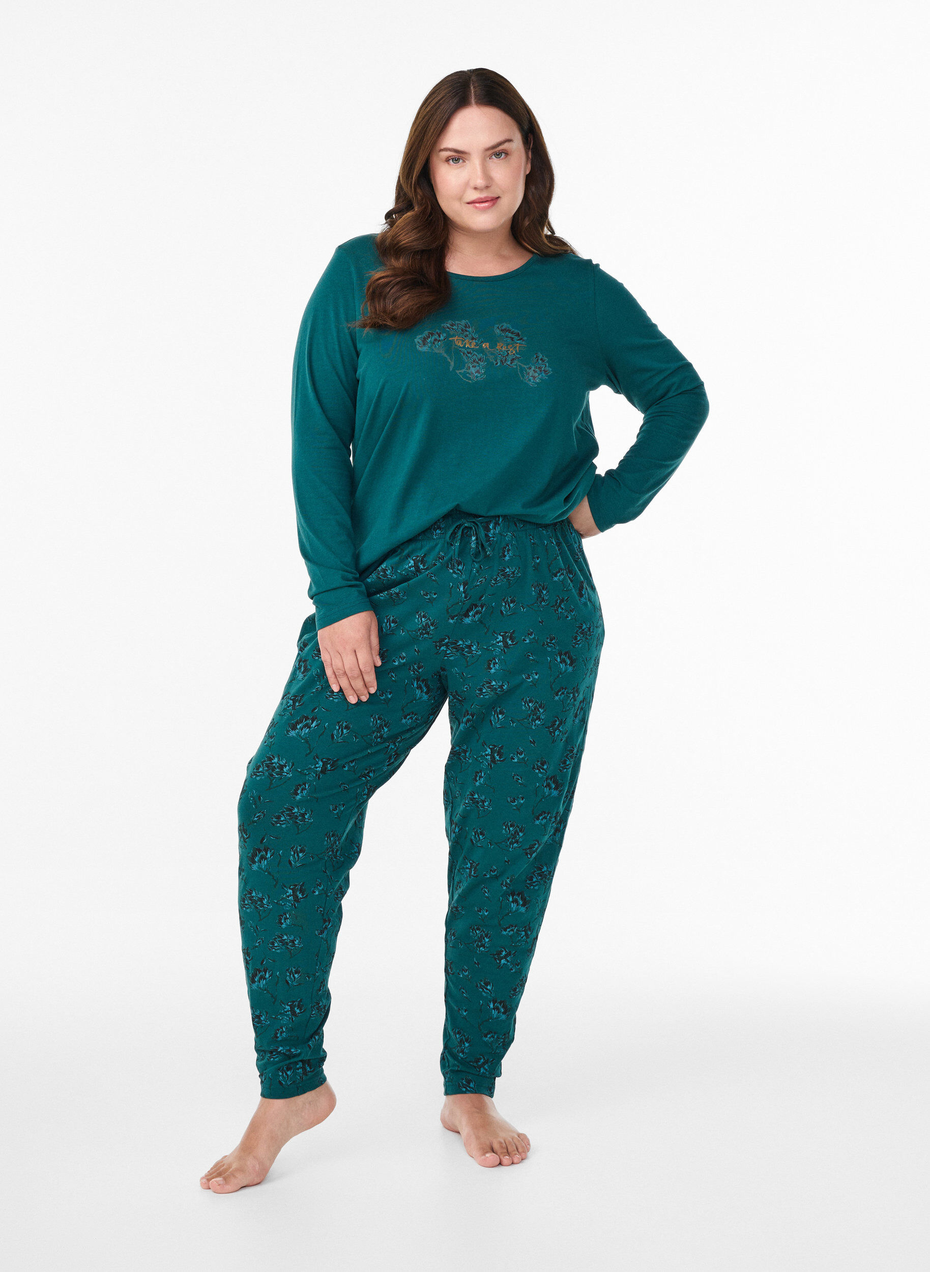 Zizzi Nattopp i bomull med frontprint, Turkis, Model image number 1