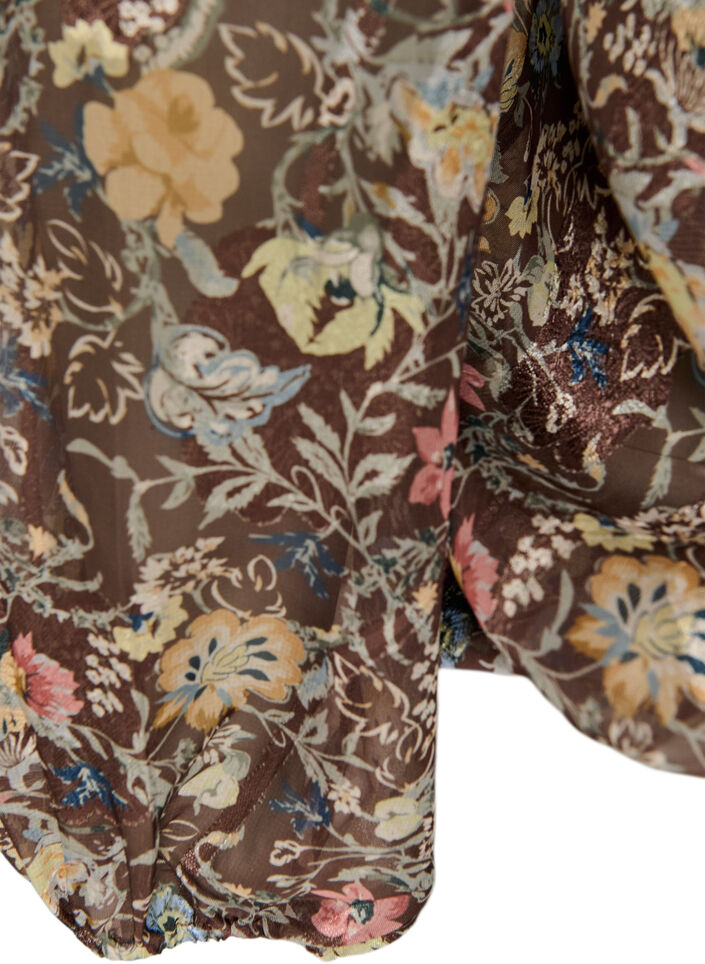 Bluse med blomstertrykk og ballongermer, Brun, Packshot image number 3
