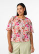 Bluse med blomstertrykk, korte ermer og smocking, Rosa, Model image number 0
