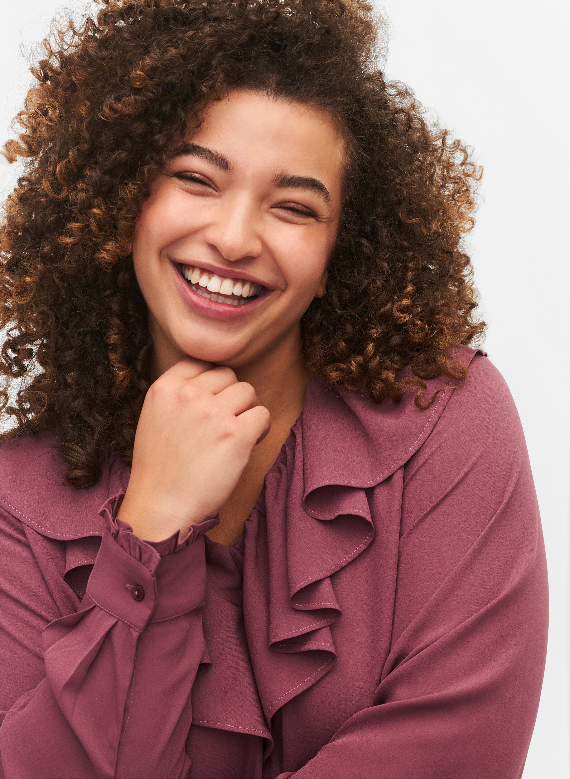 Zizzi Bluse med lange ermer og volanger, Renaissance Rose, Model image number 2