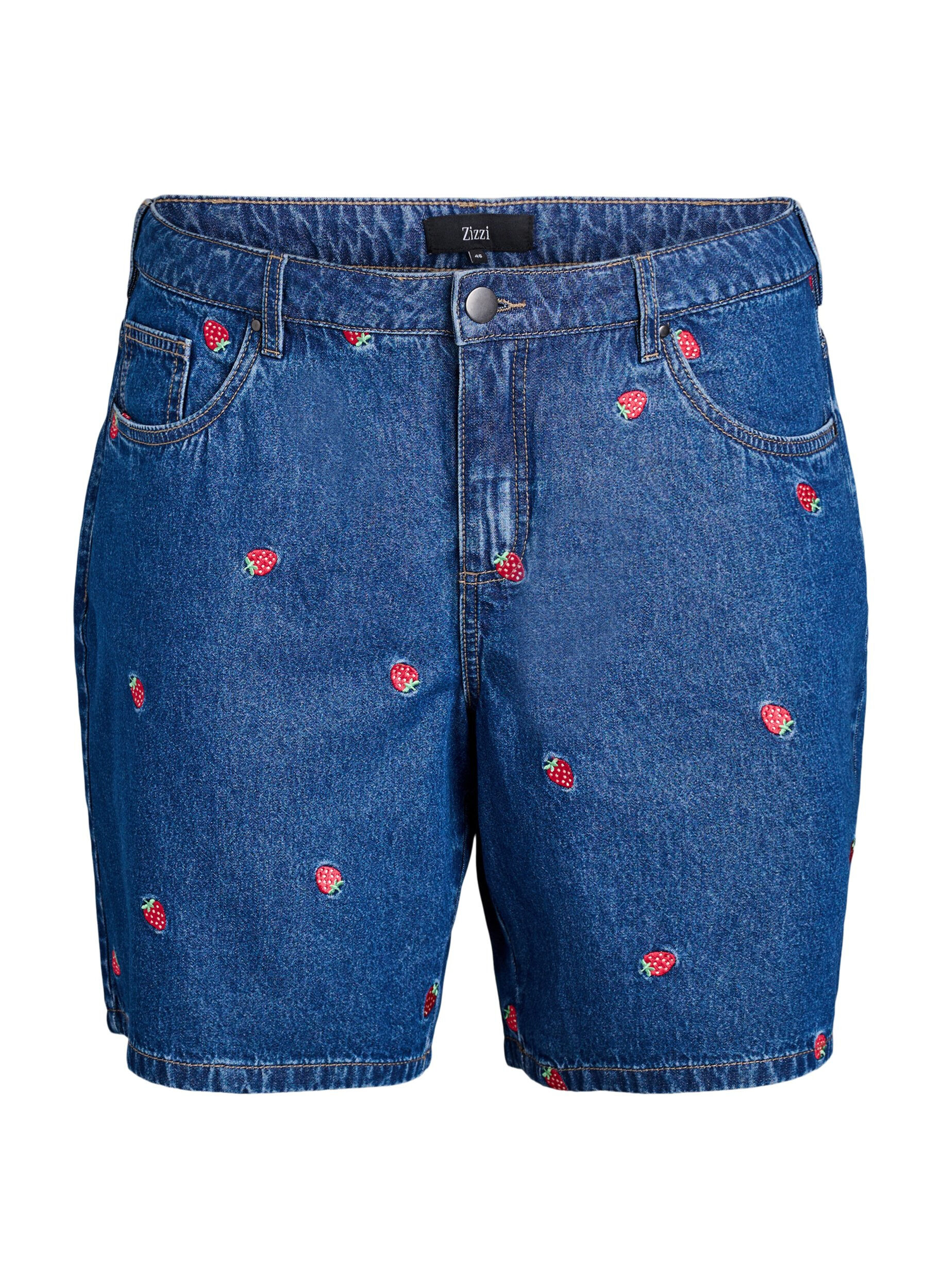 ZizziDongerishorts med broderte jordb&aelig;r, Bl&aring;, Packshot image number 0