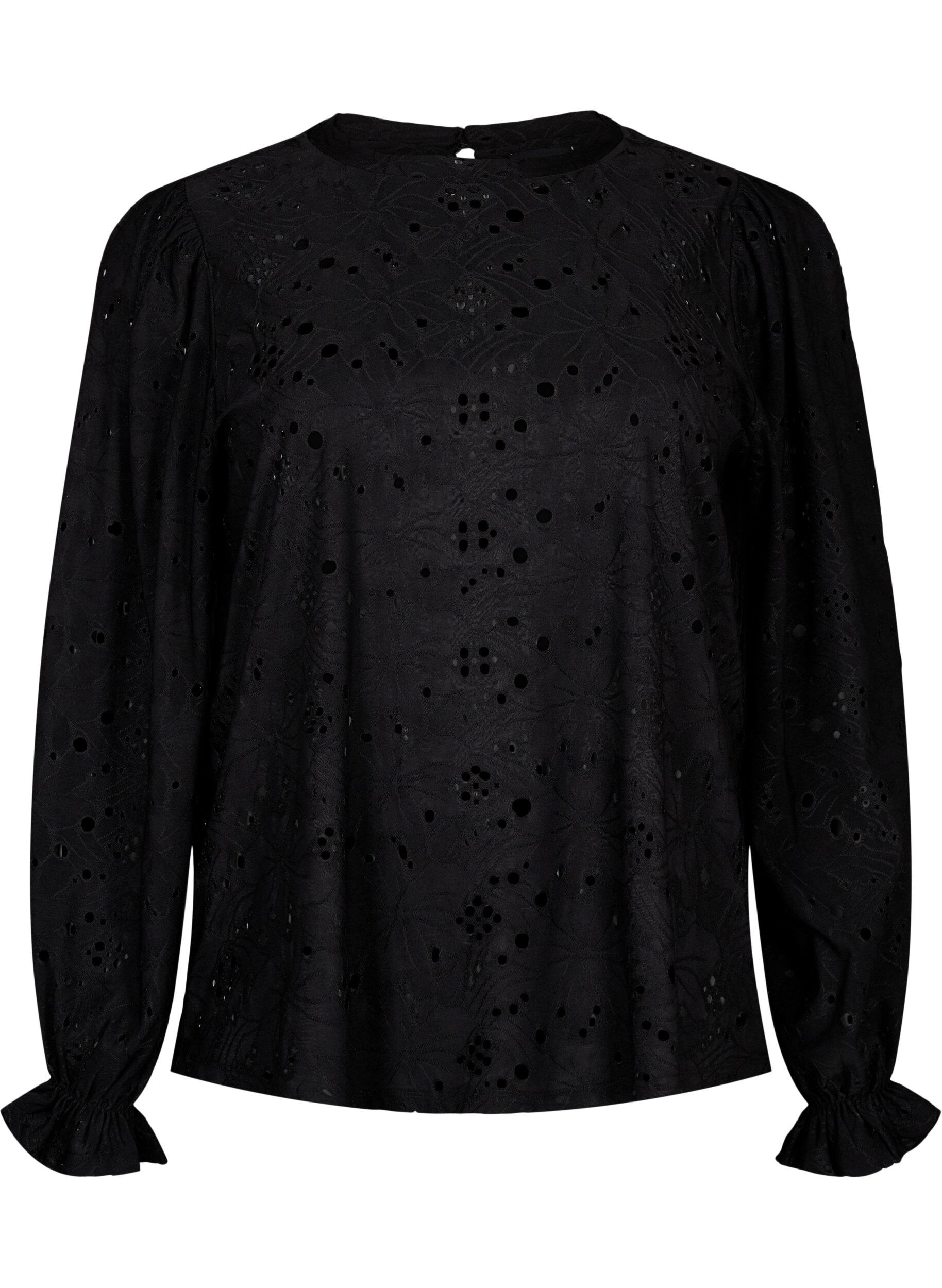 Zizzi Langermet bluse med hullm&oslash;nster, Black, Packshot image number 0