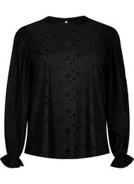 Langermet bluse med hullmønster, Black