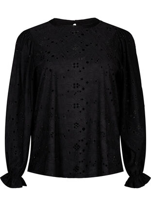 Langermet bluse med hullmønster, Black, Packshot image number 0