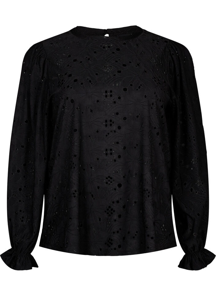 Langermet bluse med hullmønster, Black, Packshot image number 0