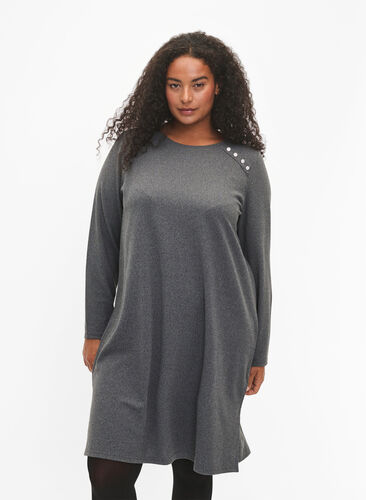Langermet jerseykjole med knappedetaljer, Dark Grey Melange, Model image number 0