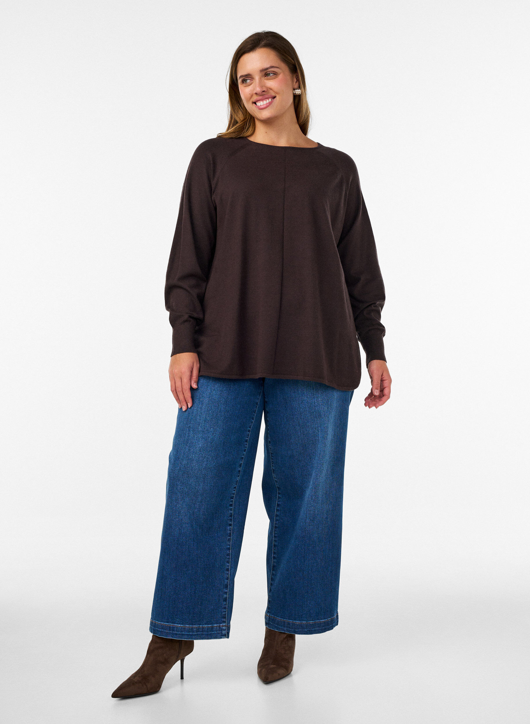 ZizziStrikket bluse med rund hals og strikket m&oslash;nster, Brun, Model image number 1