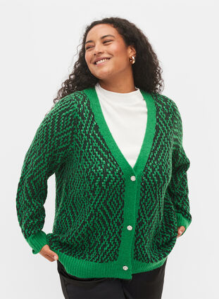 Mønstrete strikket cardigan med knapper, Jolly Green Comb, Model image number 0