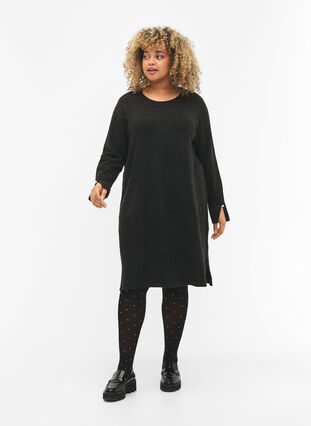 Strikket kjole med splitt i ermene, Dark Grey Melange, Model image number 3