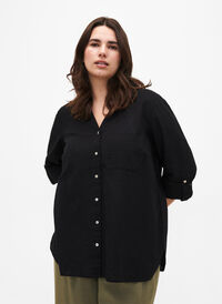 Skjortebluse med knappelukking i bomull-lin-blanding, Black, Model