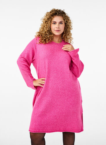 Zizzi Strikket kjole med splitter, Raspberry Rose Mel., Model image number 0