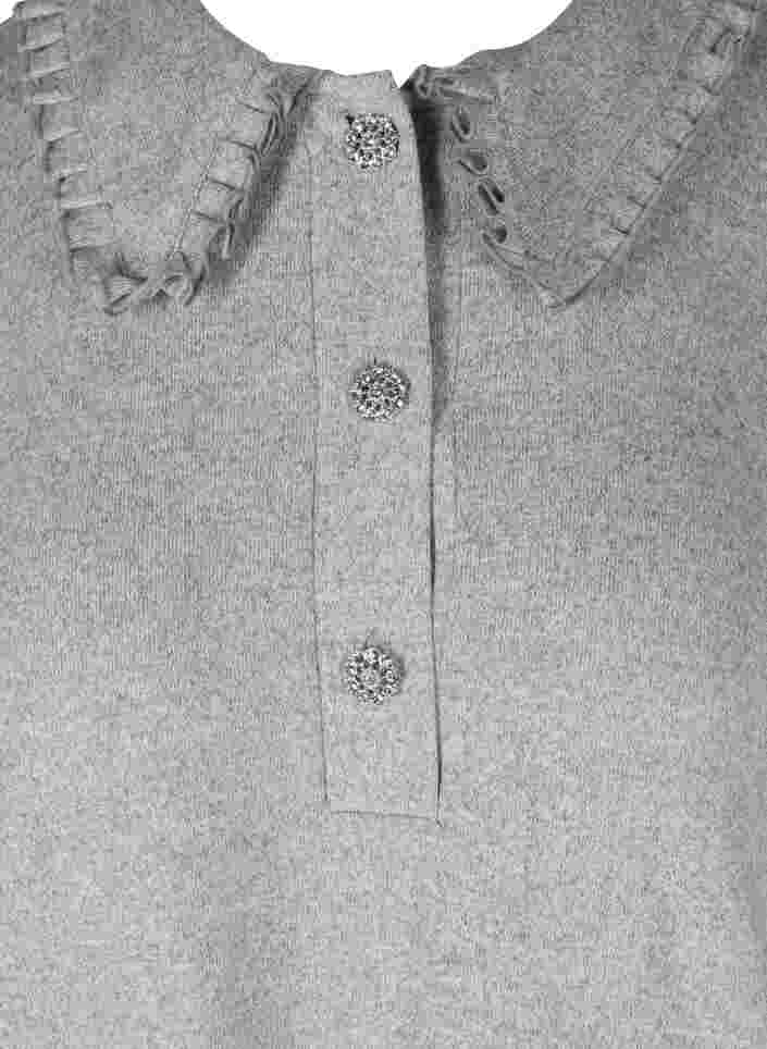 Bluse med volangkrave og dekorative knapper, Light Grey Melange, Packshot image number 2