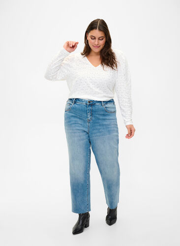 7/8-lengde jeans med rå kanter og høyt liv, Light blue denim, Image image number 0