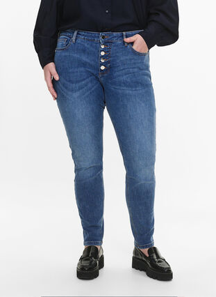 Sanna-jeans med supersmal passform og knappelukking, Blue denim, Model image number 2
