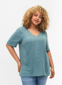 Bluse i bomull med broderi og korte ermer, Smoke Blue, Model
