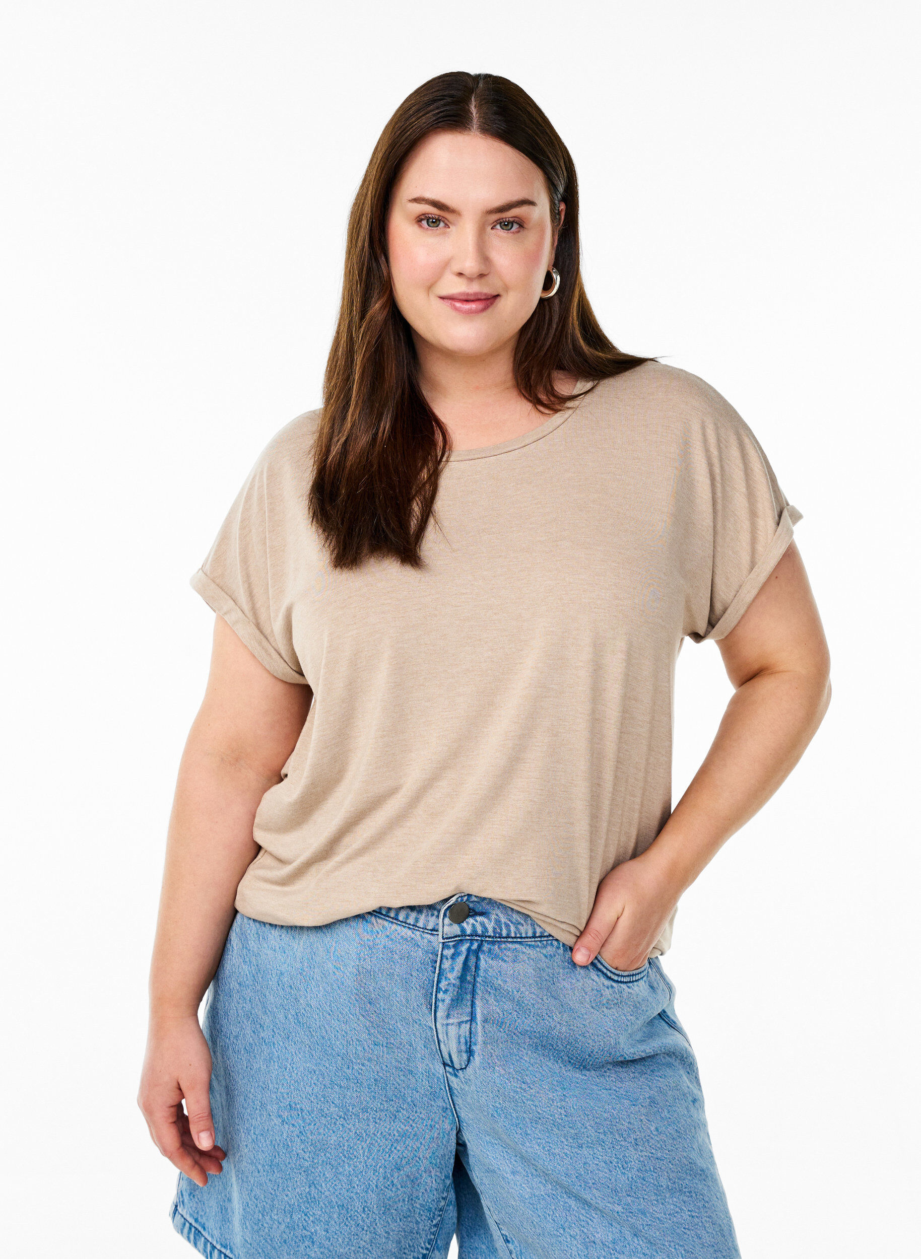 Loose t-skjorte med rund hals, Brun, Model