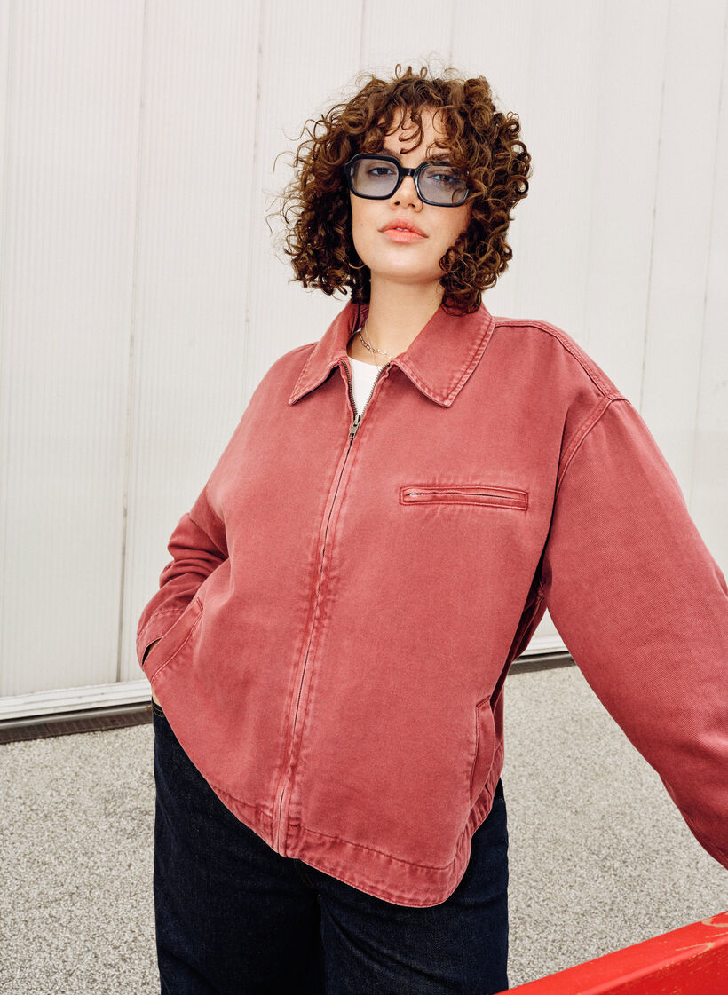 Farget denimjakke med glidelåslukking, Rosa, Image image number 0