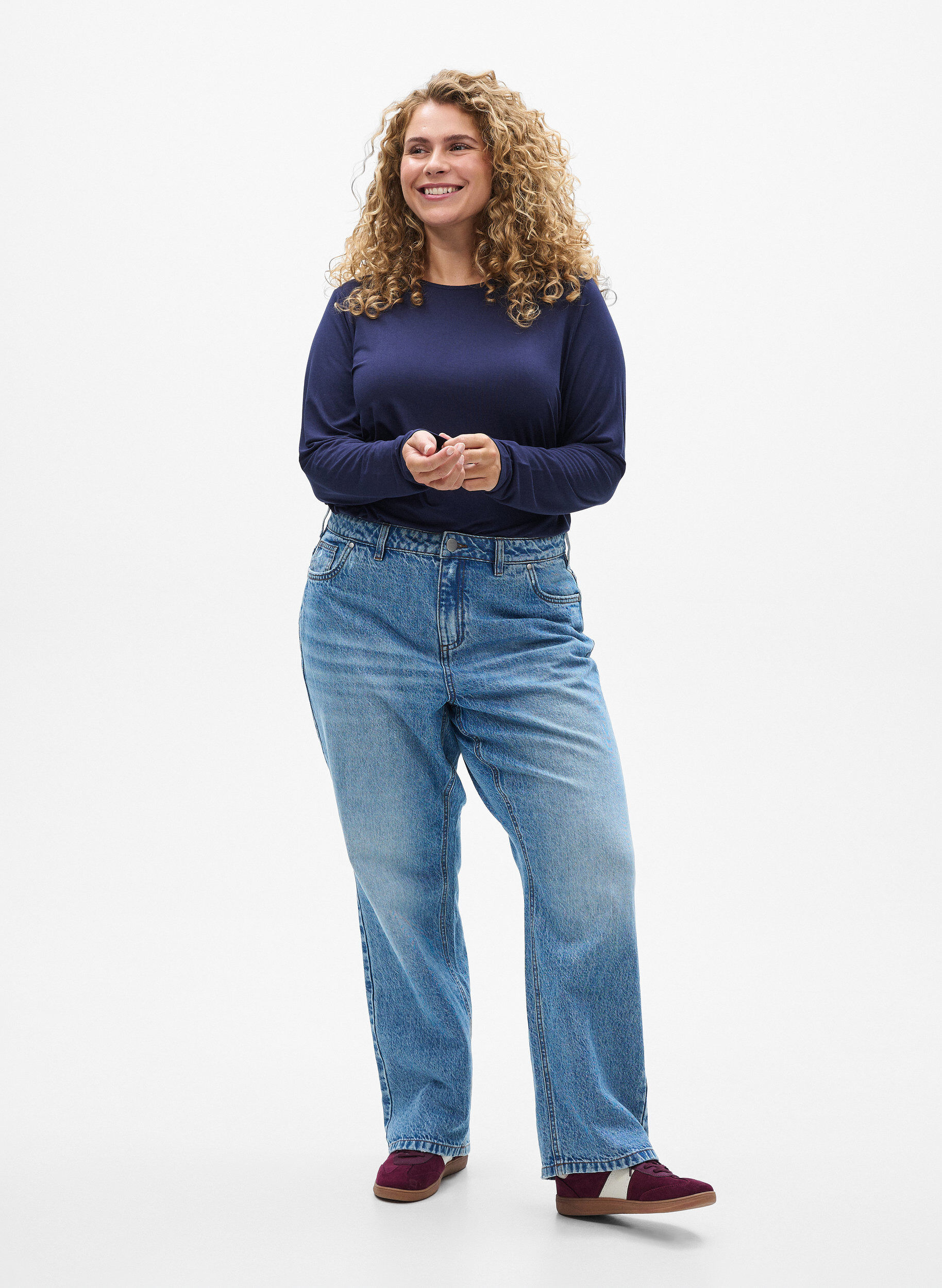 Zizzi Ensfarvet bluse med lange ermer, Bl&aring;, Model image number 1