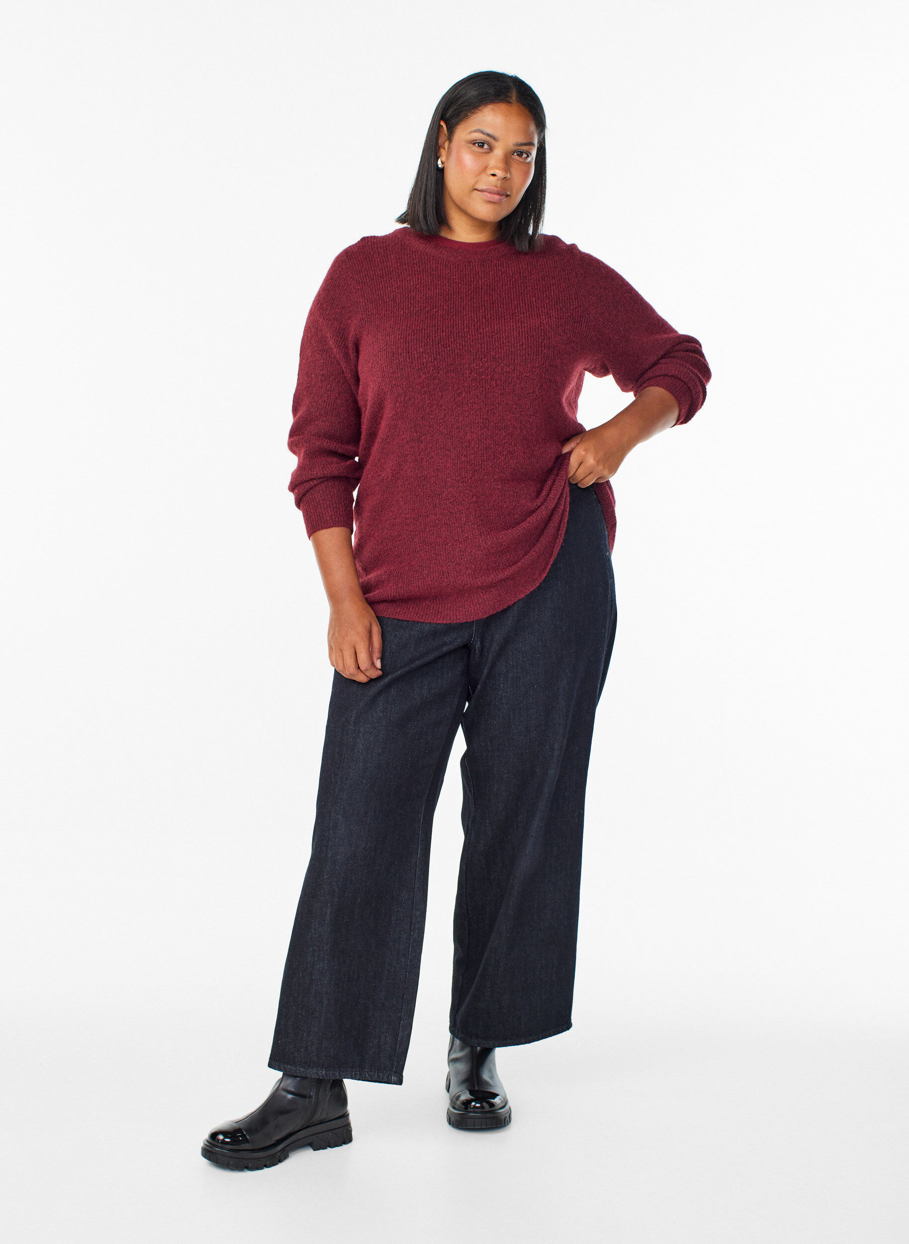 Zizzi Melert strikkebluse med rund hals, R&oslash;d, Model image number 1