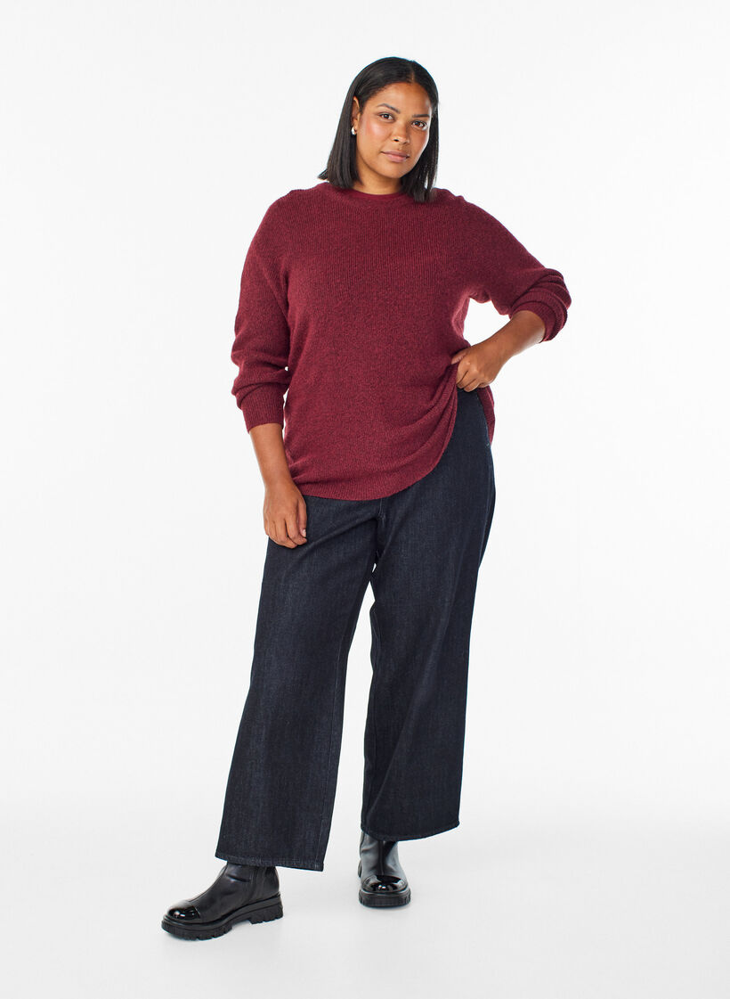 Melert strikkebluse med rund hals, Rød, Model image number 1