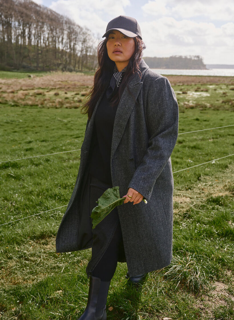 Lang ullkåpe med fiskebeinsmønster, Dark Grey Melange, Image image number 0