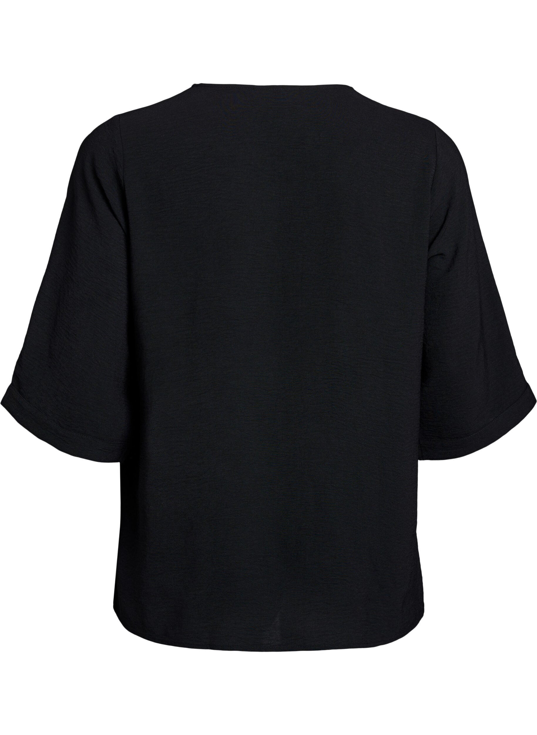 ZizziSkjortebluse med v-hals og 3/4 ermer, Svart, Packshot image number 1
