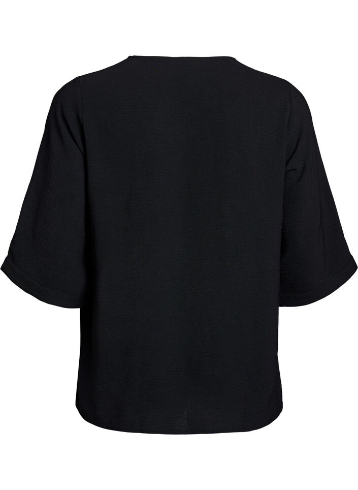 Skjortebluse med v-hals og 3/4 ermer, Svart, Packshot image number 1