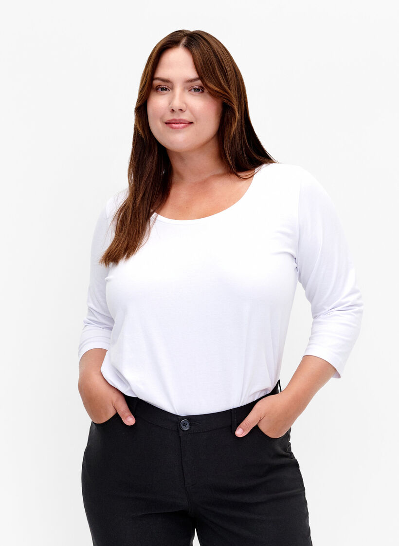 Basis T-skjorte i bomull med 3/4 ermer, Hvit, Model image number 0
