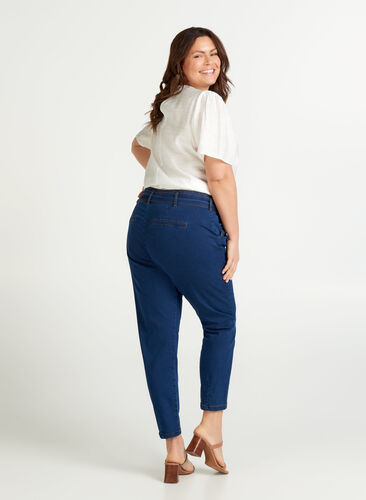 Cropped jeans med belte, Blue denim, Model image number 1