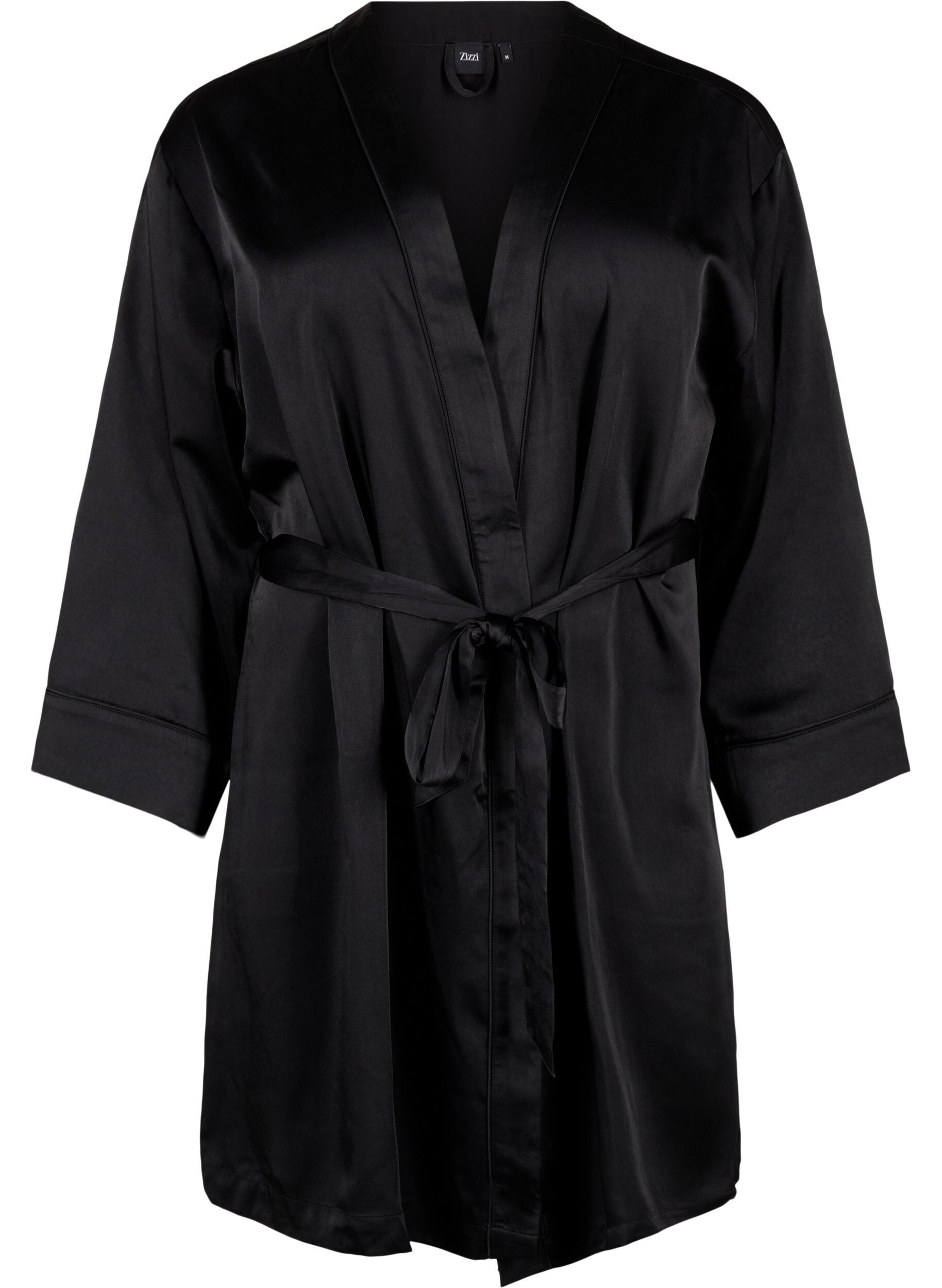 Zizzi Kimono i sateng med belte, Black, Packshot image number 0
