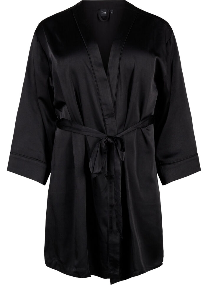 Kimono i sateng med belte, Black, Packshot image number 0