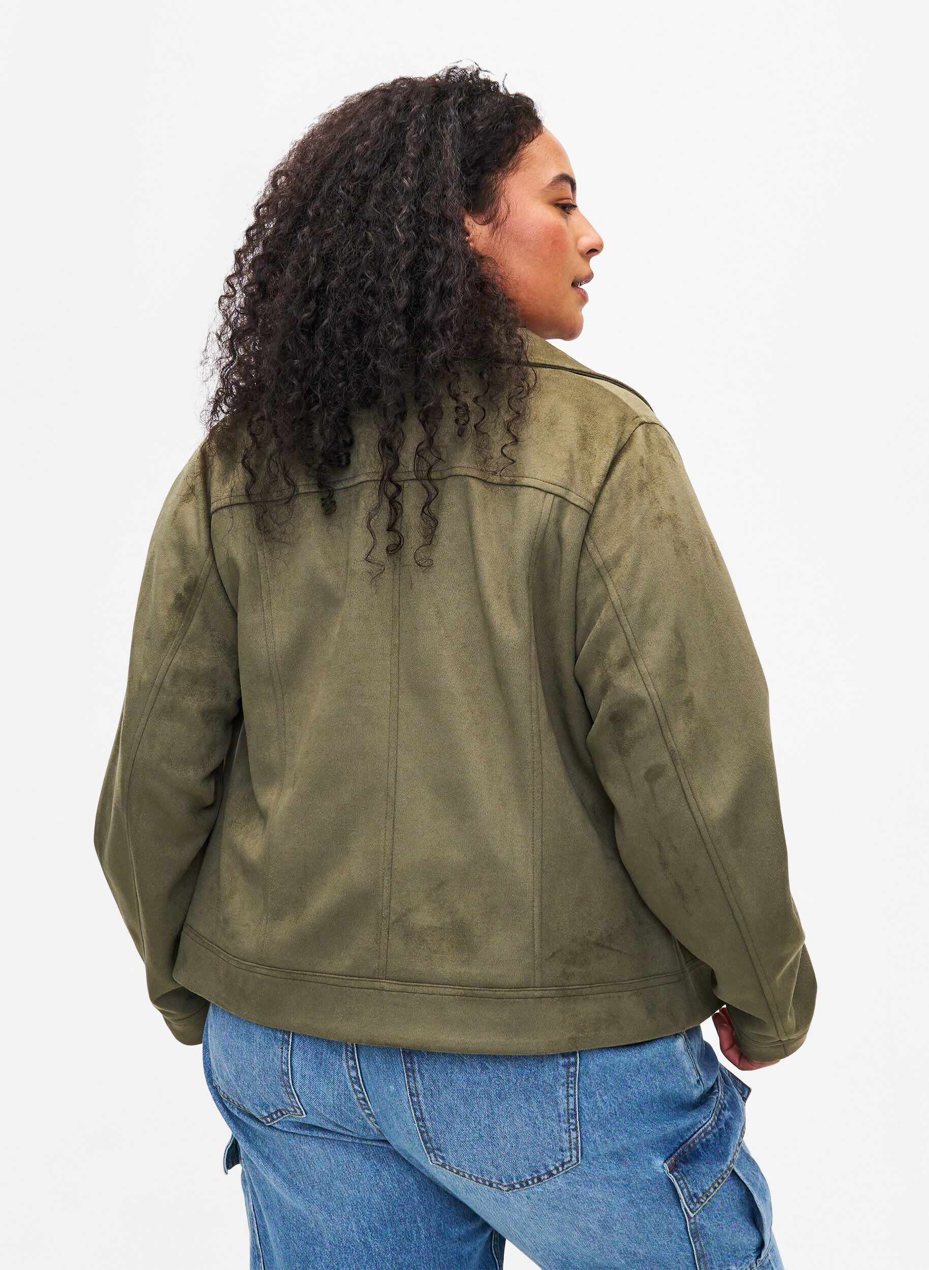 ZizziBikerjakke i imitert semsket skinn, Dusty Olive, Model image number 1