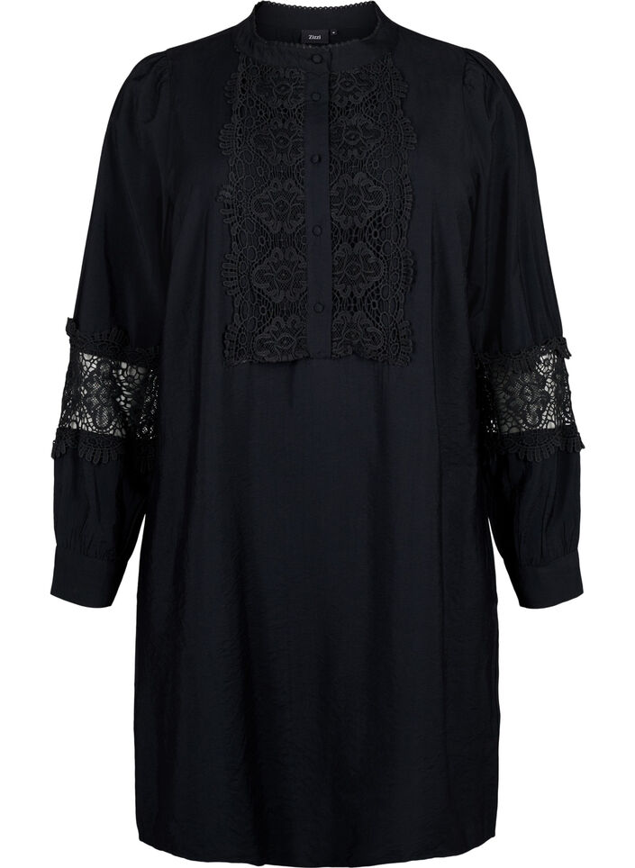 Kjole i viskose med heklede detaljer, Black, Packshot image number 0