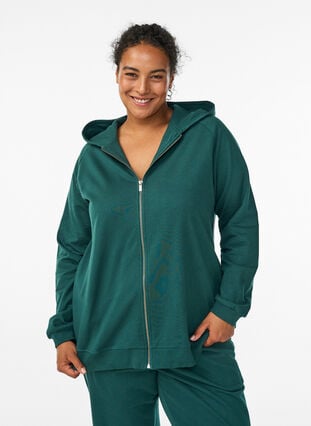 Zizzi Hettegenser med glidelås og trykk på ryggen, Grønn, Model image number 0
