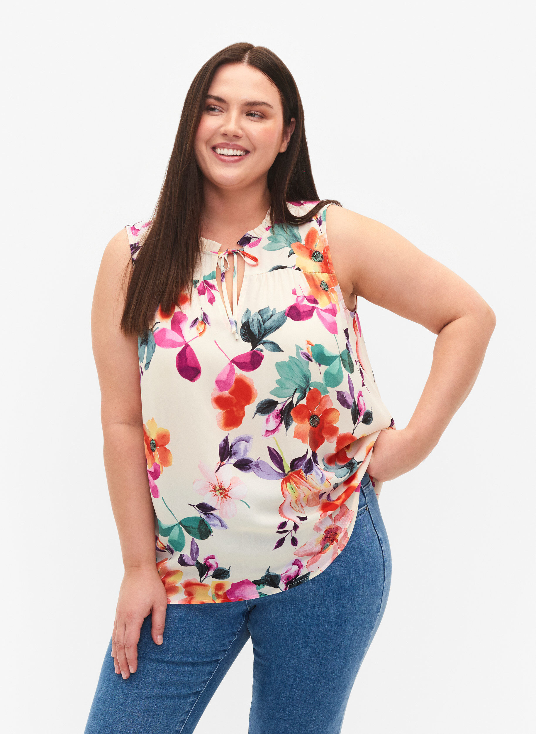 Zizzi Blomstrete topp med knytedetaljer, Buttercream Flower, Model image number 0
