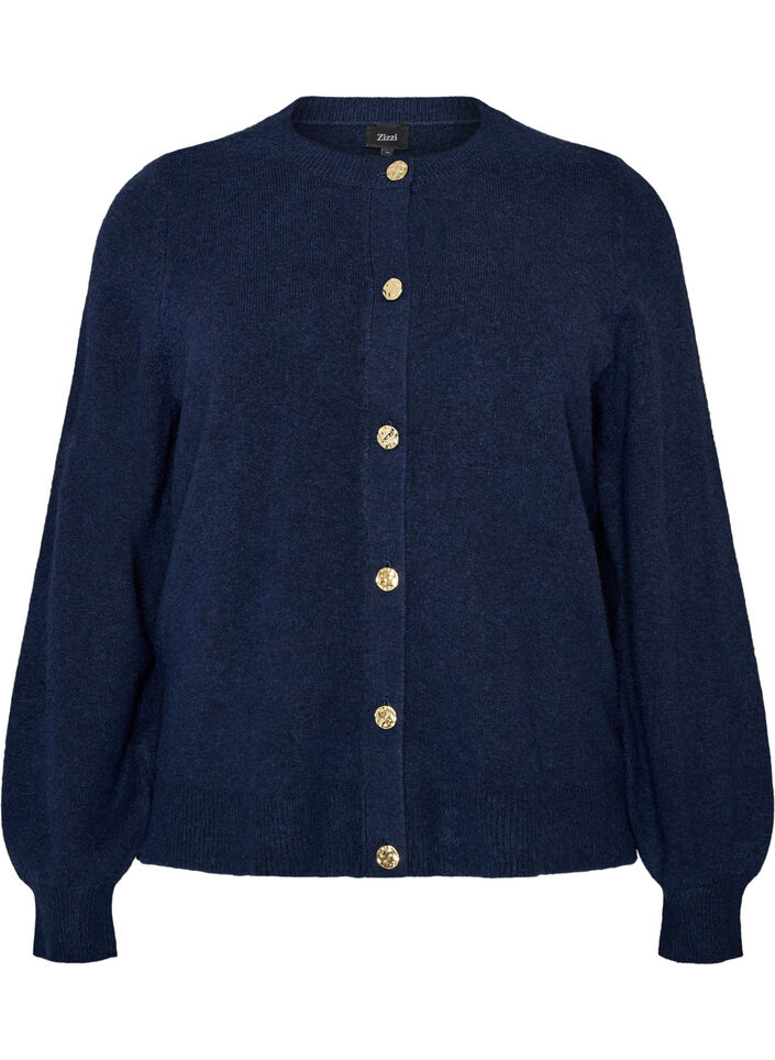 Cardigan i myk strikk med gullfargede knapper, Bl&aring;, Packshot image number 0
