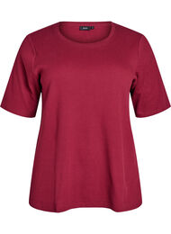 Ribbestrikket jerseybluse med korte ermer, Cabernet