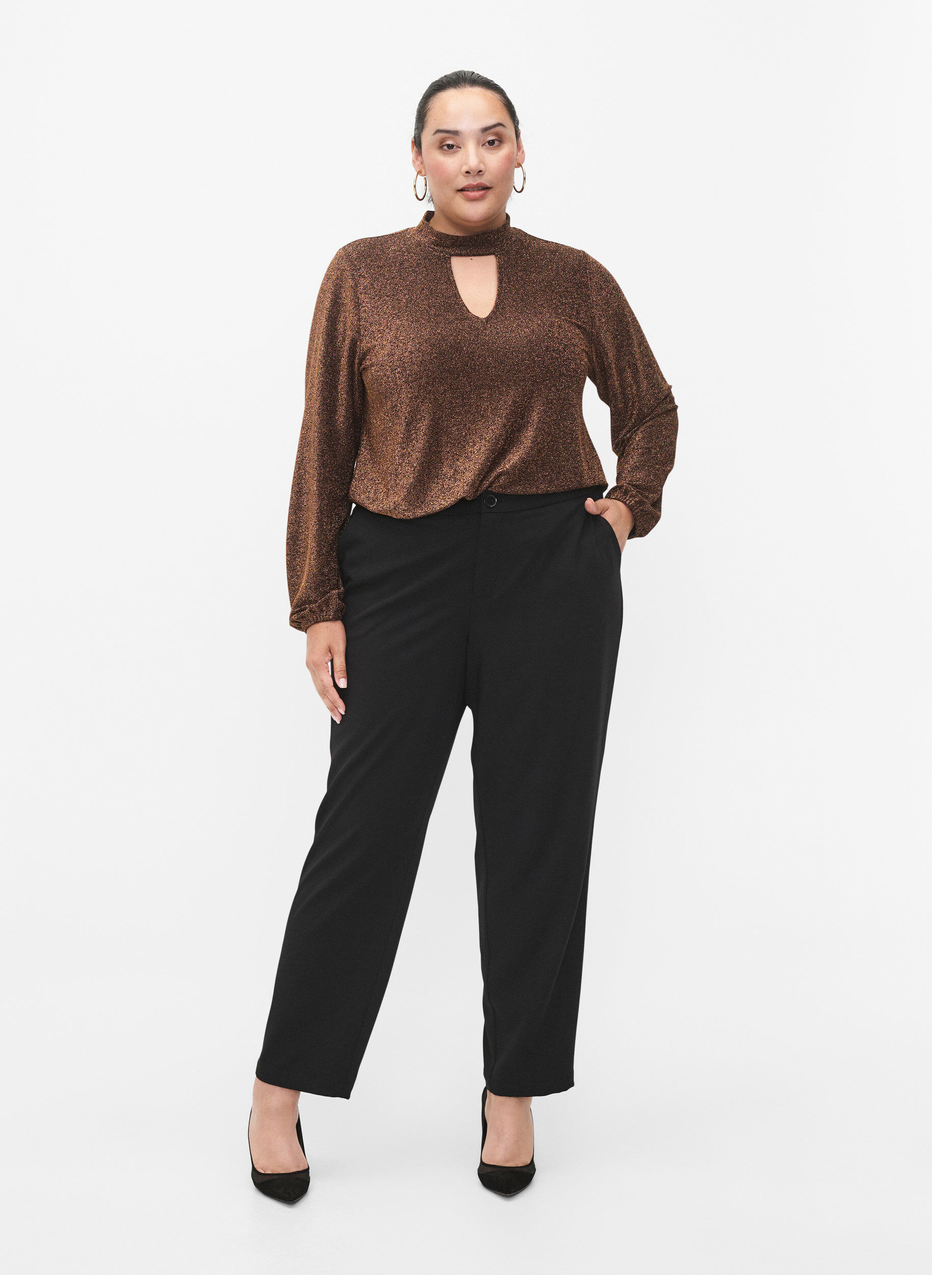 ZizziLangermet bluse med glitter, rund hals og V-detalj, Black Copper, Model image number 2
