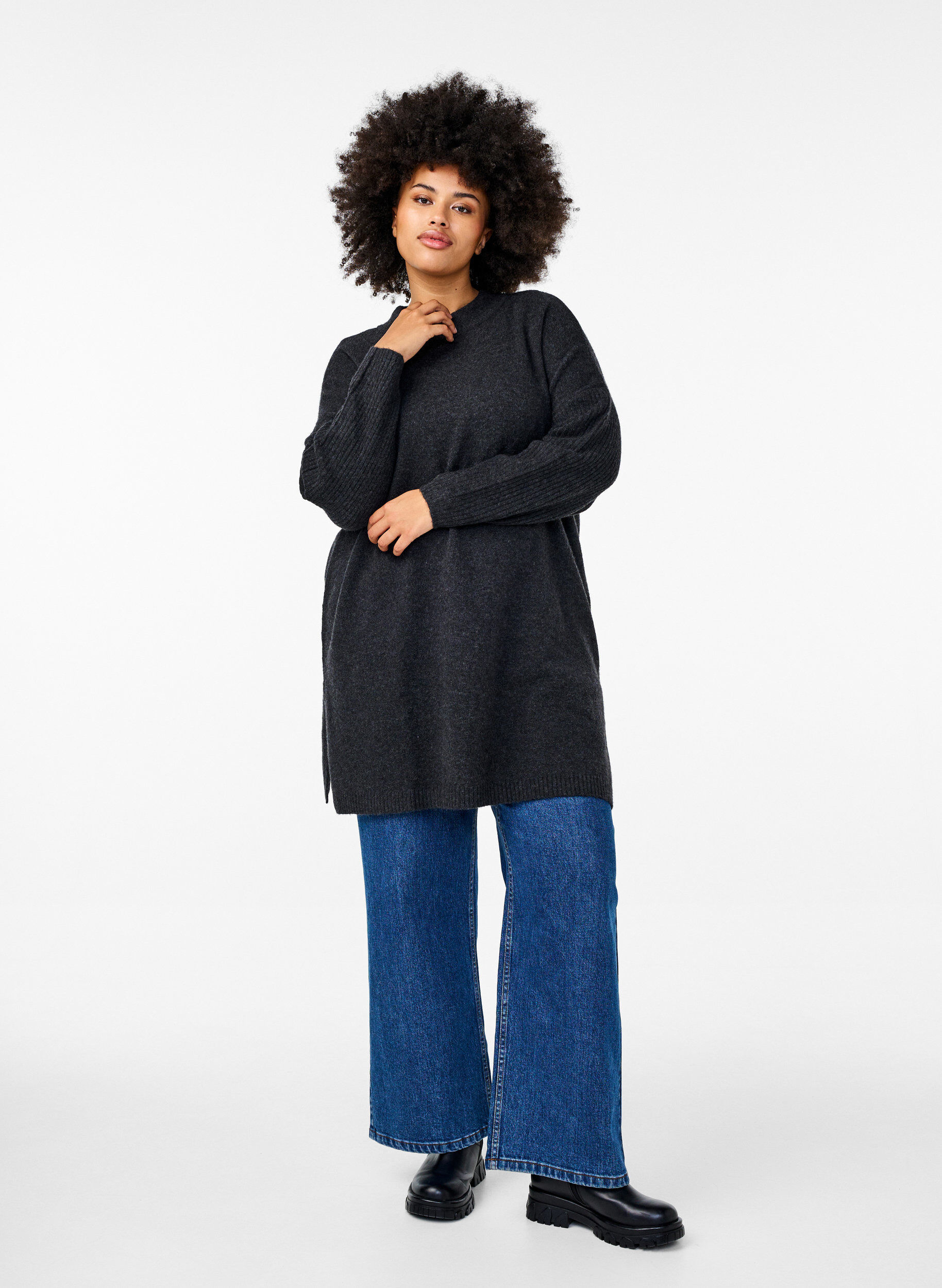 Zizzi Lang strikket bluse med lange ermer, Dark Grey Melange, Model image number 2