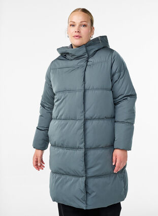 Zizzi Lang pufferjakke med hette, Blå, Model image number 0