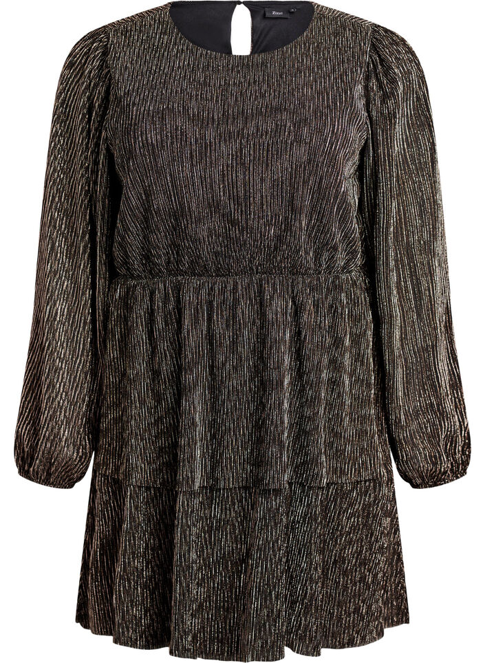 Kort kjole med glitterstriper og lange ermer, Svart, Packshot image number 0