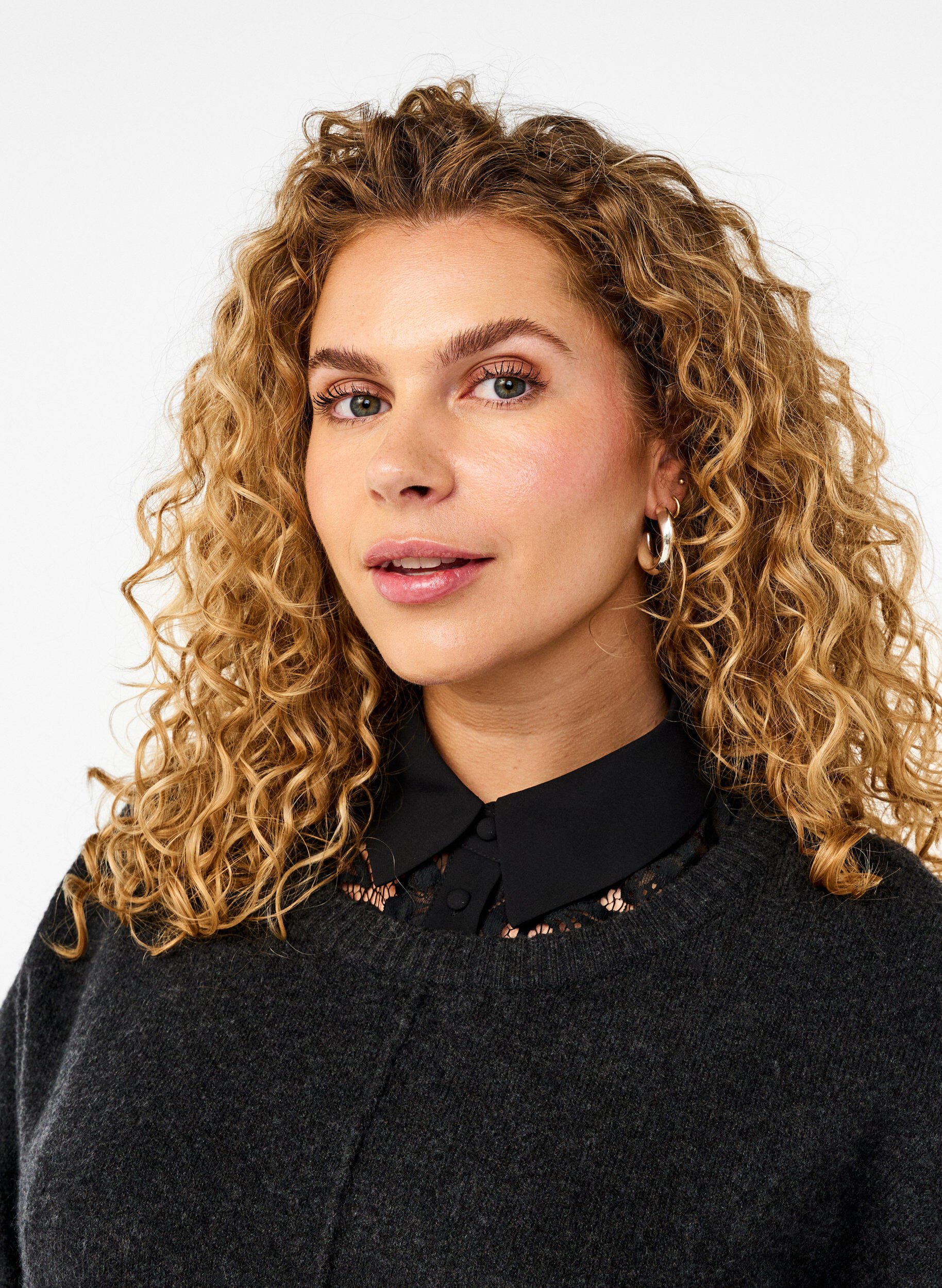 Zizzi Ledig skjortekrage med blonder, Black, Model image number 0