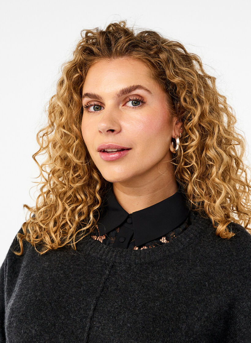 Ledig skjortekrage med blonder, Black, Model image number 0