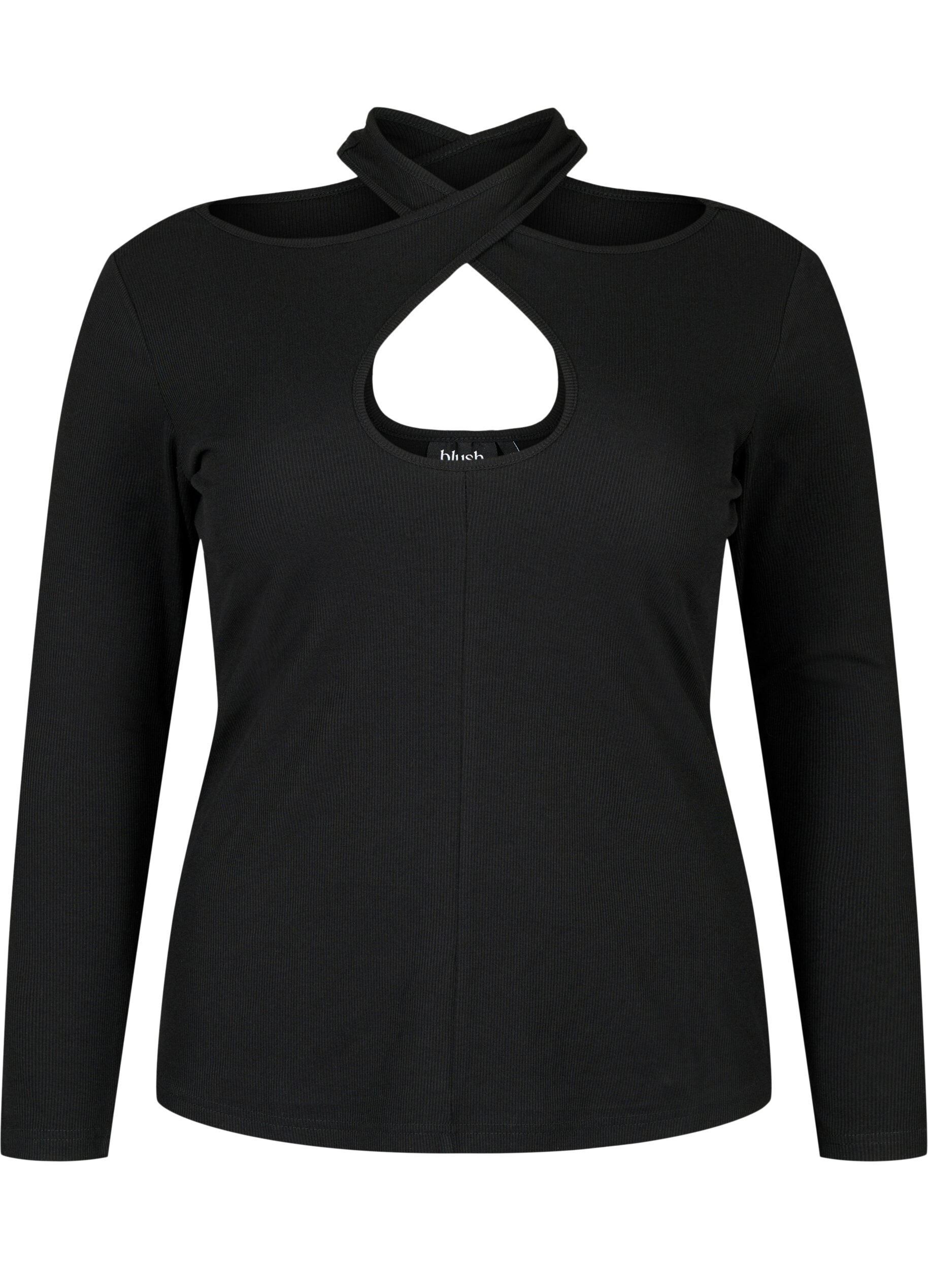 Zizzi Cut-out bluse med lange ermer, Black, Packshot image number 0