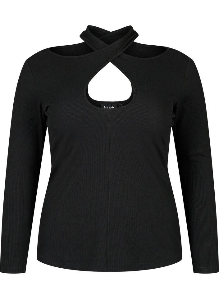 Cut-out bluse med lange ermer, Black, Packshot image number 0
