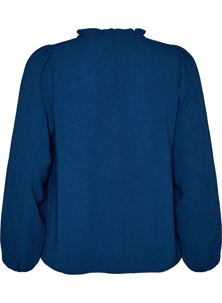 Bluse med V-hals og heklet b&aring;nd, Bl&aring;, Packshot image number 1
