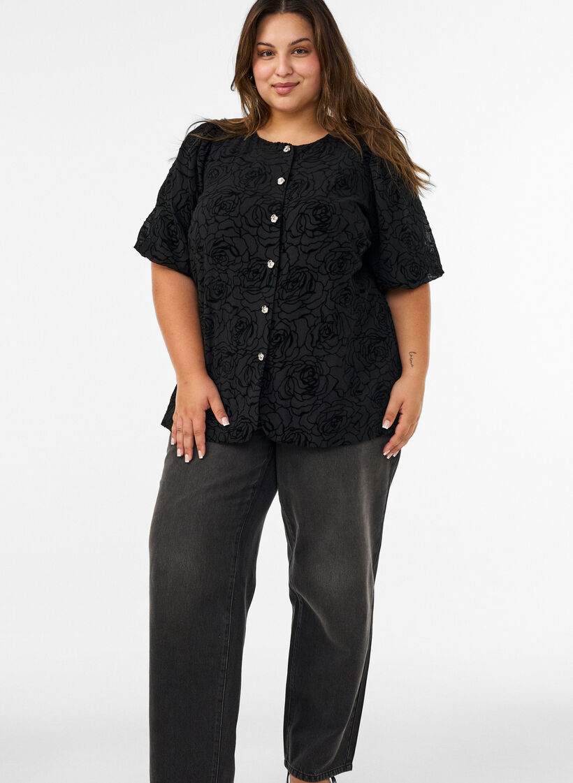 Bluse med blomstertrykk og ballongermer, Svart, Model image number 1